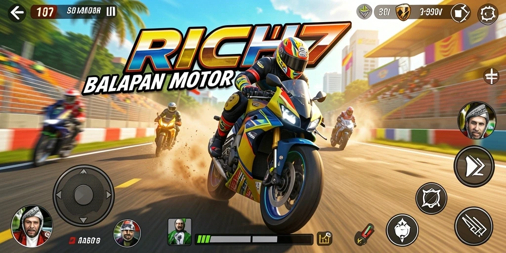 Screenshot RICH7 menampilkan aksi balapan motor yang seru.